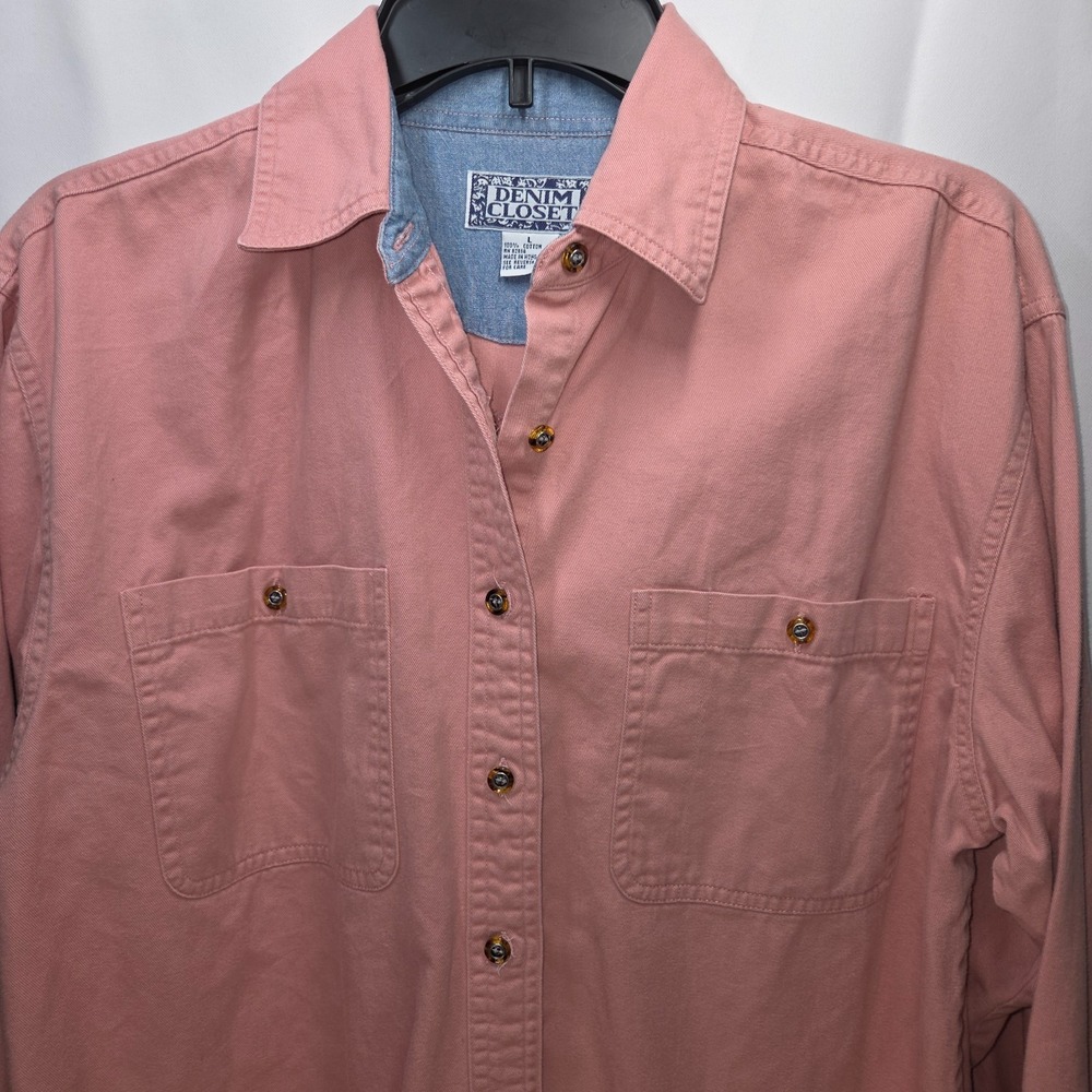 Women's L Denim Closet Vtg 90s Coral/Pink Denim Shirt Button Up Western Casual
